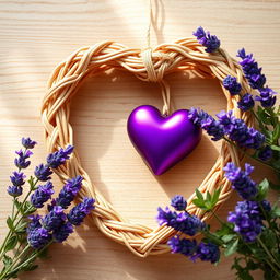 A heart-shaped wicker frame, intricately woven with light brown, tan, and beige reeds, filled with a deep purple heart-shaped ornament
