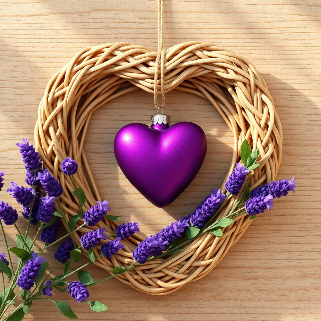 A heart-shaped wicker frame, intricately woven with light brown, tan, and beige reeds, filled with a deep purple heart-shaped ornament