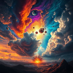 The dramatic and apocalyptic scene of the skies fracturing and collapsing during the Day of Judgment, with vibrant colors swirling and mixing in a tumultuous way