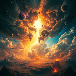 The dramatic and apocalyptic scene of the skies fracturing and collapsing during the Day of Judgment, with vibrant colors swirling and mixing in a tumultuous way