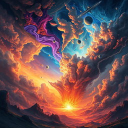 The dramatic and apocalyptic scene of the skies fracturing and collapsing during the Day of Judgment, with vibrant colors swirling and mixing in a tumultuous way