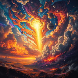 The dramatic and apocalyptic scene of the skies fracturing and collapsing during the Day of Judgment, with vibrant colors swirling and mixing in a tumultuous way