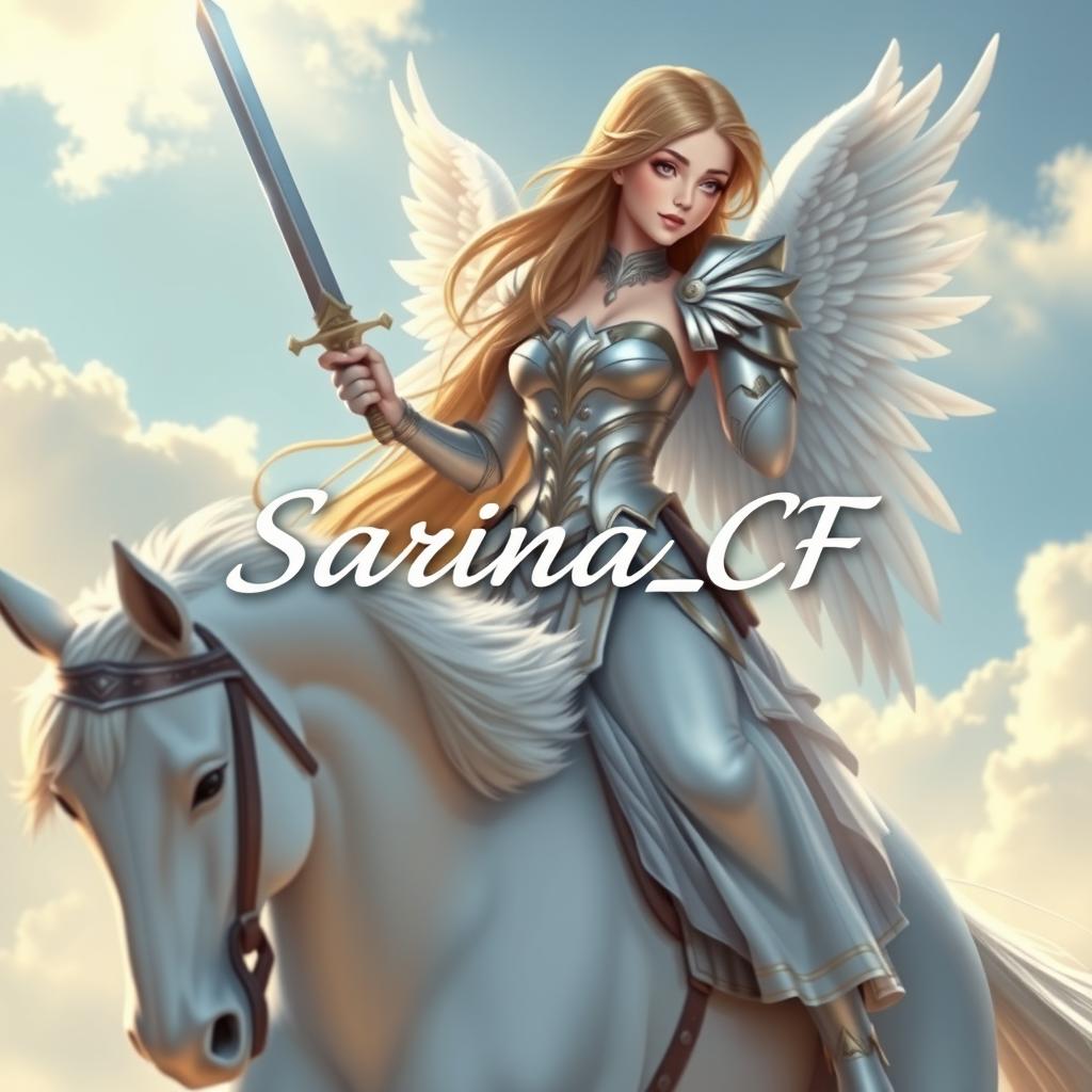 A beautiful and stunning girl angel with long flowing hair, dressed in elegant celestial armor, sitting gracefully on a majestic white horse