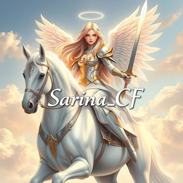 A beautiful and stunning girl angel with long flowing hair, dressed in elegant celestial armor, sitting gracefully on a majestic white horse
