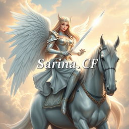 A beautiful and stunning girl angel with long flowing hair, dressed in elegant celestial armor, sitting gracefully on a majestic white horse