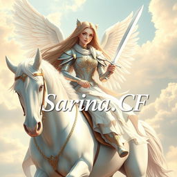 A beautiful and stunning girl angel with long flowing hair, dressed in elegant celestial armor, sitting gracefully on a majestic white horse
