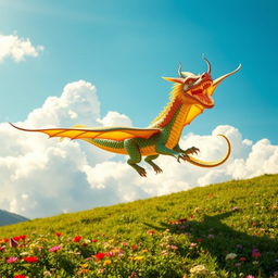 A vibrant, colorful dragon flying majestically in the sky, surrounded by fluffy clouds, with a bright blue background