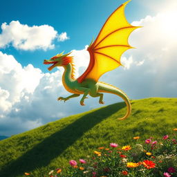 A vibrant, colorful dragon flying majestically in the sky, surrounded by fluffy clouds, with a bright blue background