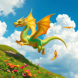 A vibrant, colorful dragon flying majestically in the sky, surrounded by fluffy clouds, with a bright blue background