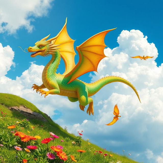 A vibrant, colorful dragon flying majestically in the sky, surrounded by fluffy clouds, with a bright blue background