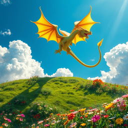 A vibrant, colorful dragon flying majestically in the sky, surrounded by fluffy clouds, with a bright blue background