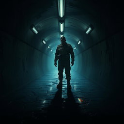 A haunting and cinematic poster concept featuring a soldier standing alone in a dark, narrow tunnel