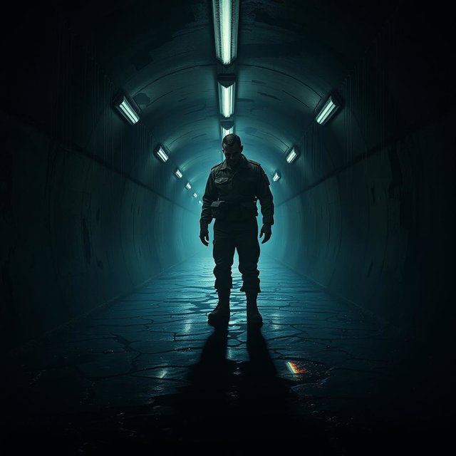 A haunting and cinematic poster concept featuring a soldier standing alone in a dark, narrow tunnel