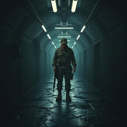 A haunting and cinematic poster concept featuring a soldier standing alone in a dark, narrow tunnel