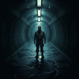A haunting and cinematic poster concept featuring a soldier standing alone in a dark, narrow tunnel