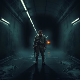 A haunting and cinematic poster concept featuring a soldier standing alone in a dark, narrow tunnel
