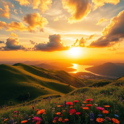 A vibrant and captivating photo featuring a beautiful landscape, with a stunning sunset casting golden hues across the sky