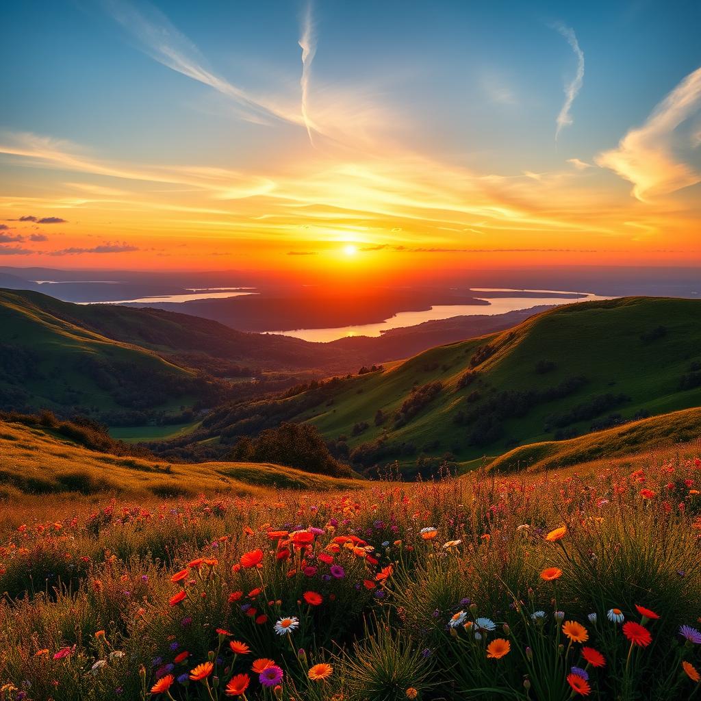 A vibrant and captivating photo featuring a beautiful landscape, with a stunning sunset casting golden hues across the sky