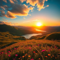 A vibrant and captivating photo featuring a beautiful landscape, with a stunning sunset casting golden hues across the sky