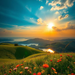 A vibrant and captivating photo featuring a beautiful landscape, with a stunning sunset casting golden hues across the sky