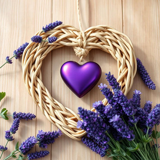 A heart-shaped wicker frame, intricately woven with light brown, tan, and beige reeds, embraces a deep purple heart-shaped ornament at its center