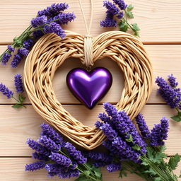 A heart-shaped wicker frame, intricately woven with light brown, tan, and beige reeds, embraces a deep purple heart-shaped ornament at its center
