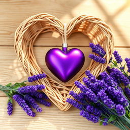 A heart-shaped wicker frame, intricately woven with light brown, tan, and beige reeds, embraces a deep purple heart-shaped ornament at its center