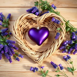 A heart-shaped wicker frame, intricately woven with light brown, tan, and beige reeds, embraces a deep purple heart-shaped ornament at its center