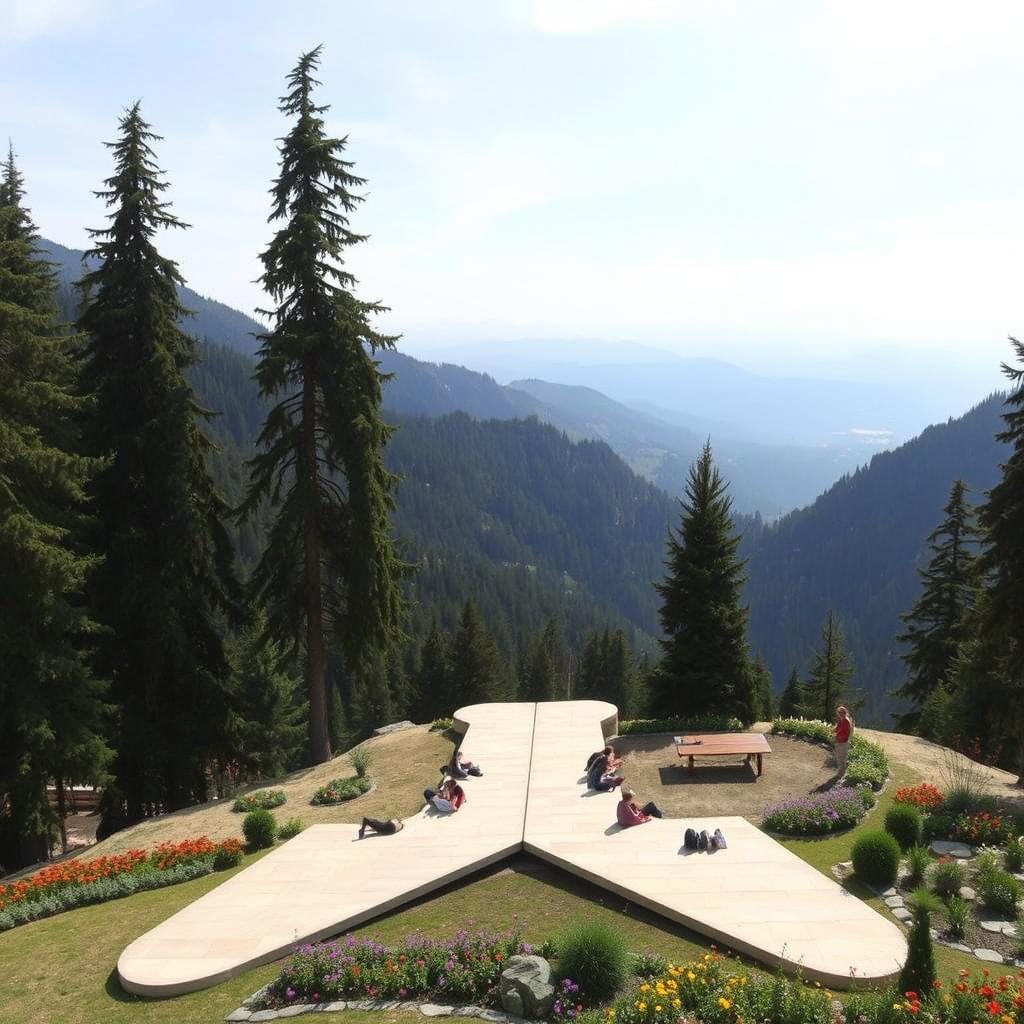 Two large, elongated wings spread across the slopes of a mountain, creating inviting spaces for people to sit