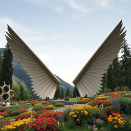 Two large, elongated wings spread across the slopes of a mountain, creating inviting spaces for people to sit
