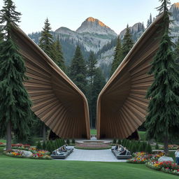 Two large, elongated wings spread across the slopes of a mountain, creating inviting spaces for people to sit