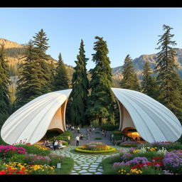 Two large, elongated wings spread across the slopes of a mountain, creating inviting spaces for people to sit