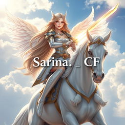 A breathtakingly beautiful girl angel with long, flowing hair, elegantly perched on a majestic white horse