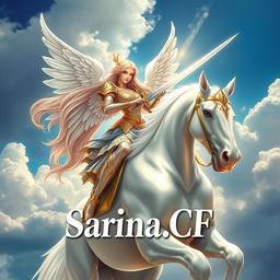 A breathtakingly beautiful girl angel with long, flowing hair, elegantly perched on a majestic white horse