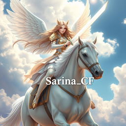 A breathtakingly beautiful girl angel with long, flowing hair, elegantly perched on a majestic white horse
