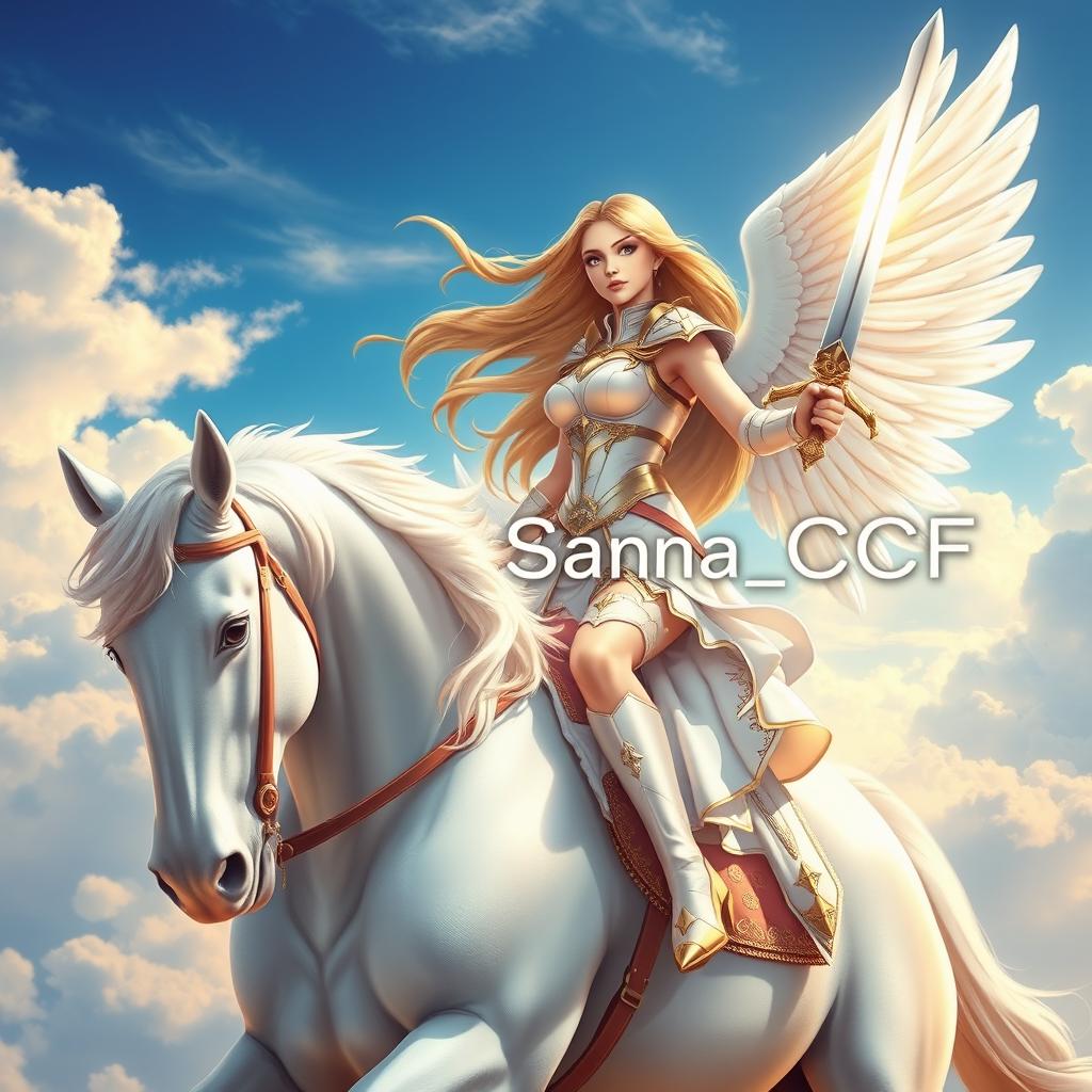 A breathtakingly beautiful girl angel with long, flowing hair, elegantly perched on a majestic white horse