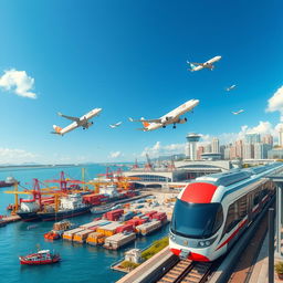 A detailed and vibrant scene showcasing a bustling ship wharf, a busy airport with planes taking off, and a sleek metro rail system all in one frame