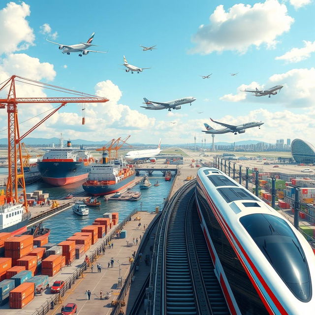 A detailed and vibrant scene showcasing a bustling ship wharf, a busy airport with planes taking off, and a sleek metro rail system all in one frame