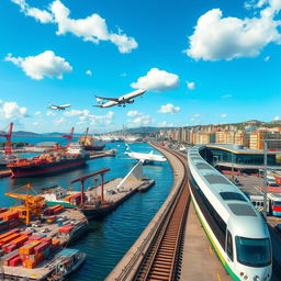 A detailed and vibrant scene showcasing a bustling ship wharf, a busy airport with planes taking off, and a sleek metro rail system all in one frame