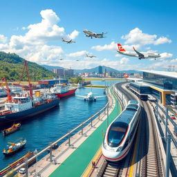 A detailed and vibrant scene showcasing a bustling ship wharf, a busy airport with planes taking off, and a sleek metro rail system all in one frame