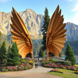 Two powerful, large, elongated wings spread across the slopes of a mountain, forming inviting seating areas for people