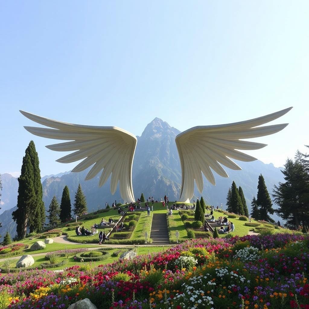 Two powerful, large, elongated wings spread across the slopes of a mountain, forming inviting seating areas for people
