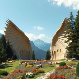 Two powerful, large, elongated wings spread across the slopes of a mountain, forming inviting seating areas for people
