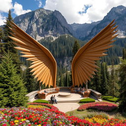 Two powerful, large, elongated wings spread across the slopes of a mountain, forming inviting seating areas for people