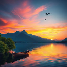 A captivating sunset over a serene lake, with vibrant hues of orange, pink, and purple in the sky reflecting on the water