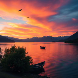 A captivating sunset over a serene lake, with vibrant hues of orange, pink, and purple in the sky reflecting on the water