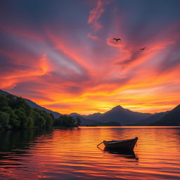 A captivating sunset over a serene lake, with vibrant hues of orange, pink, and purple in the sky reflecting on the water