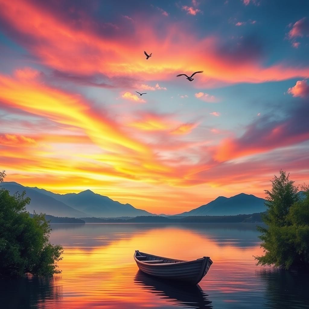 A captivating sunset over a serene lake, with vibrant hues of orange, pink, and purple in the sky reflecting on the water