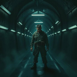 A haunting and cinematic poster concept featuring a soldier standing alone in a dark, narrow tunnel