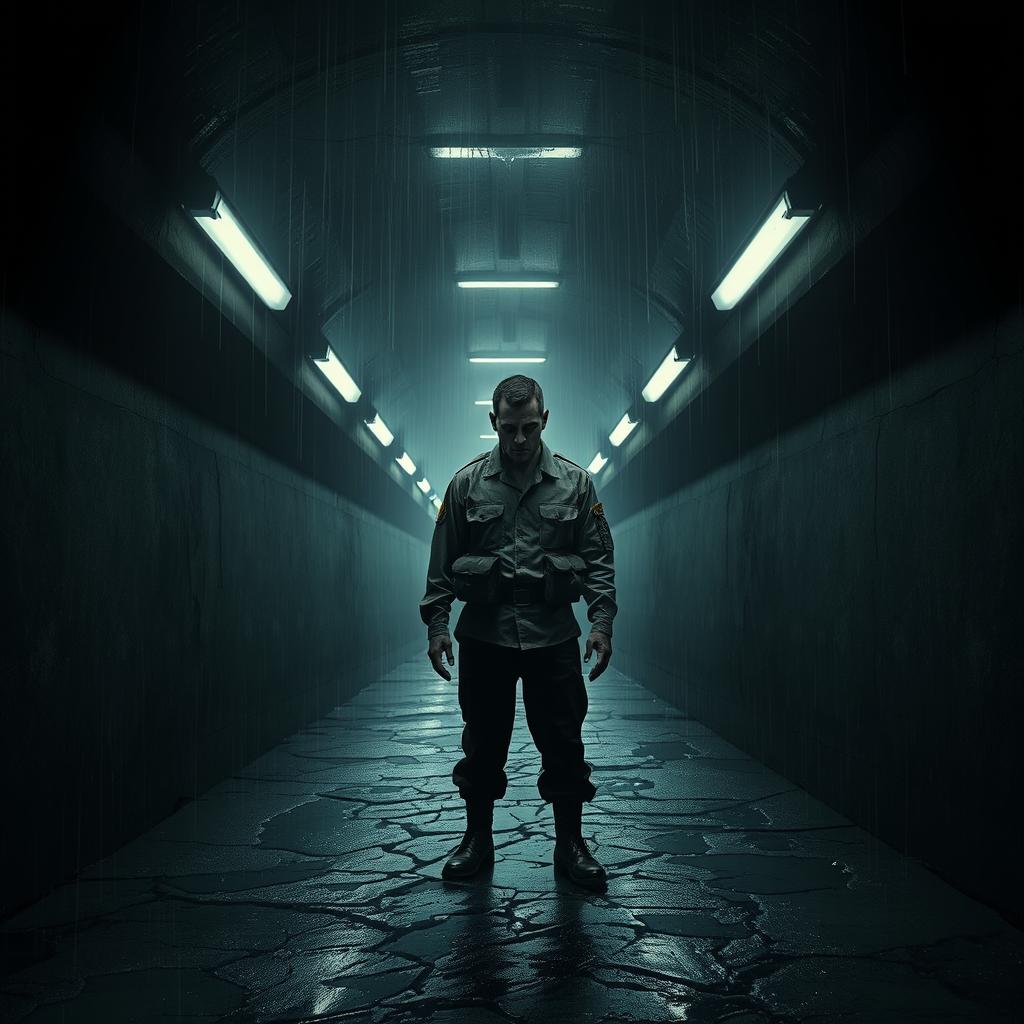 A haunting and cinematic poster concept featuring a soldier standing alone in a dark, narrow tunnel
